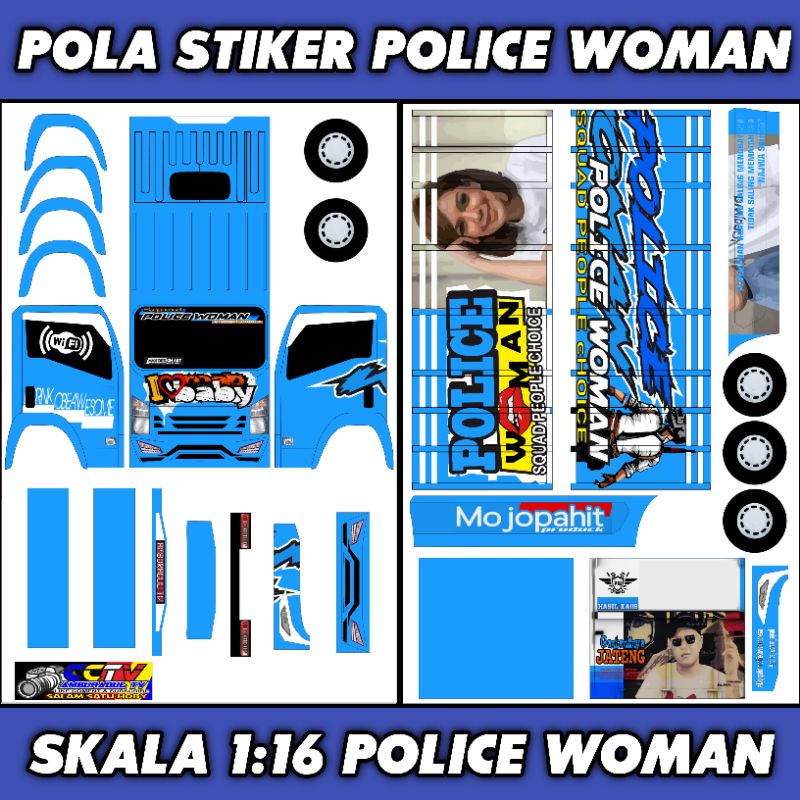 Pola Stiker Truk Police Woman Papercraft Skala 1:16