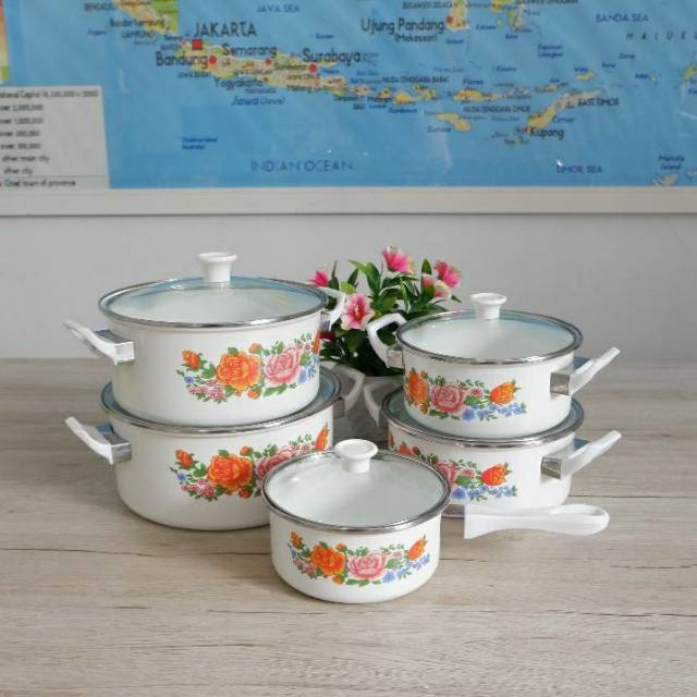Panci Set Enamel Indisah Motif Bunga