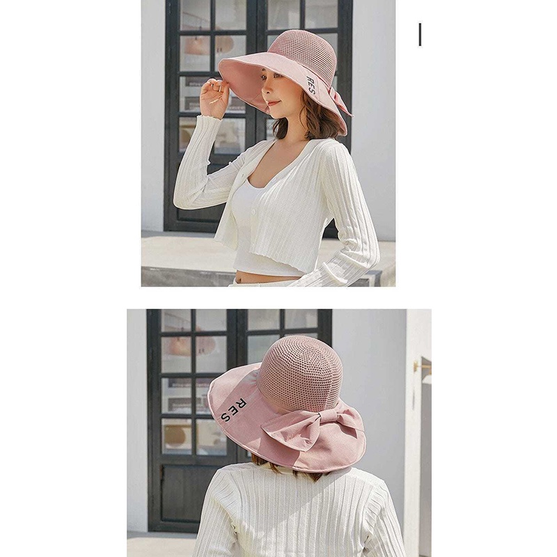 Topi Bucket Hat Pantai Wanita Korea Setengah Rajut Bordir RES Jaring Pita Belakang Lebar Anti UV ZZ