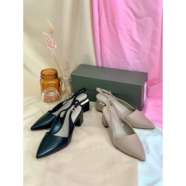 Sepatu Kulit Hak Tinggi Wanita CK Leather Slingback Block High Heels Premium Import Hitam Black Krem