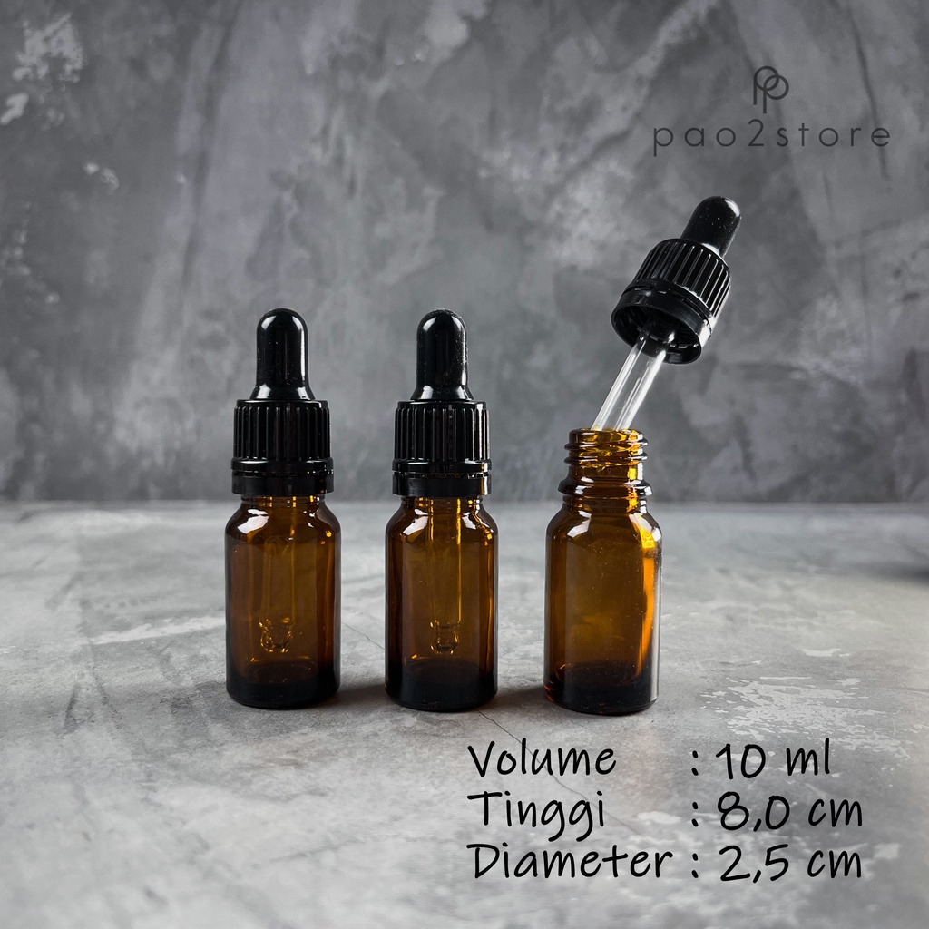 Botol Pipet 10ml Kaca Amber Coklat TEBAL - Ring Tutup Hitam SEGEL Seal Serum Tetes