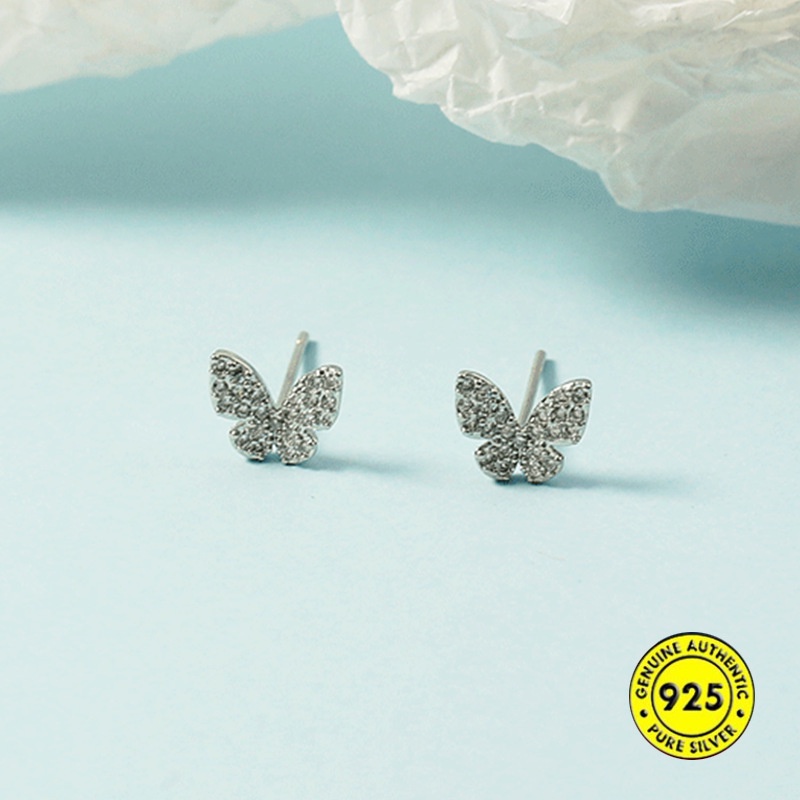 Anting Tusuk Sterling Silver 925 Desain Kupu-Kupu Hias Berlian Imitasi Untuk Wanita