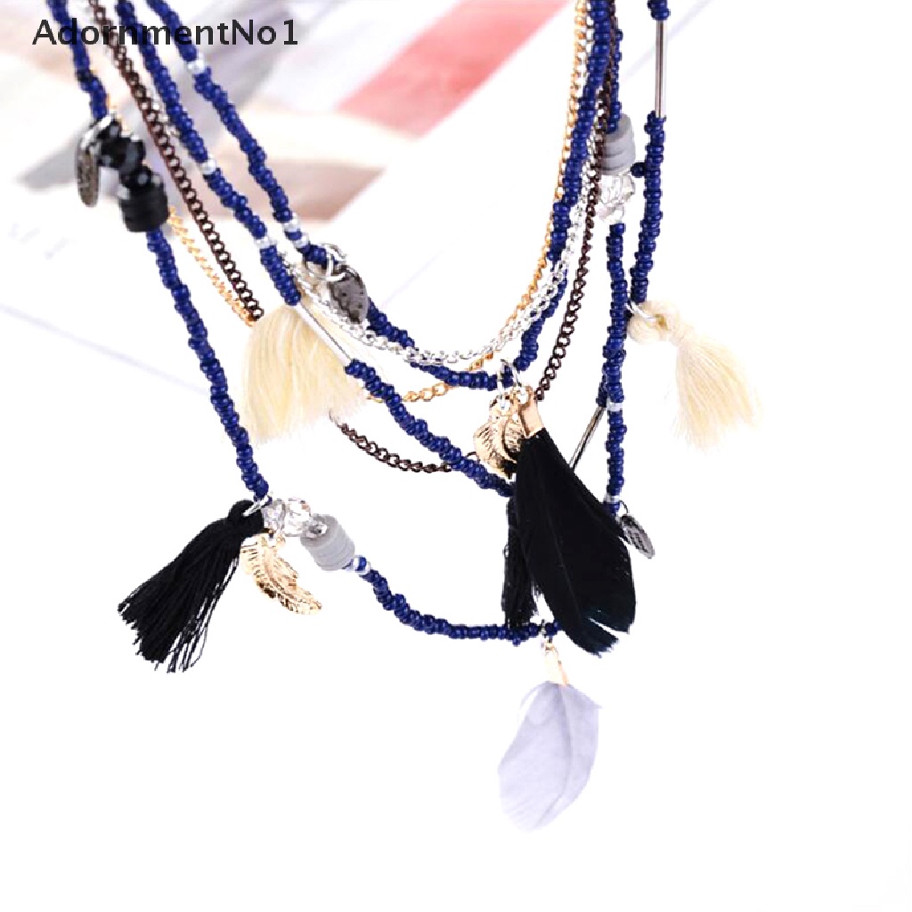 (AdornmentNo1) Kalung Rantai Banyak Lapis Dengan Liontin Bulu + Rumbai Warna-Warni Boho Untuk Wanita