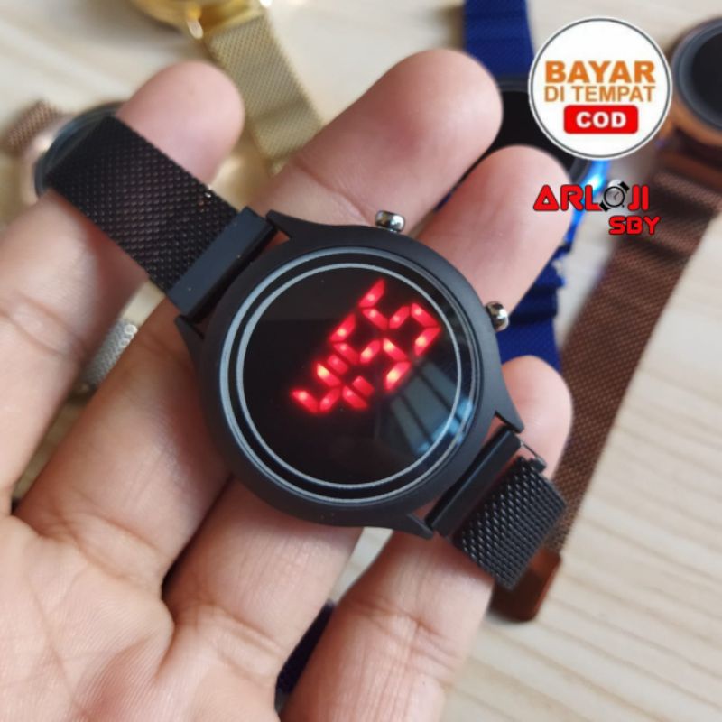 JAM TANGAN WANITA LED WATCH DIGITAL MAGNET MESH CONVEX BULAT MINI