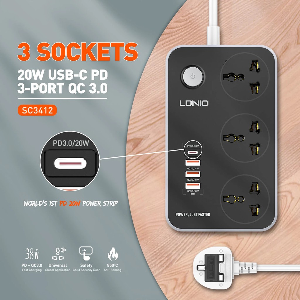 LDNIO SC3412 - 3 Electrical Socket with 3 USB QC 3.0and 1 USB-C PD 20W - Power Strip with USB-C PD