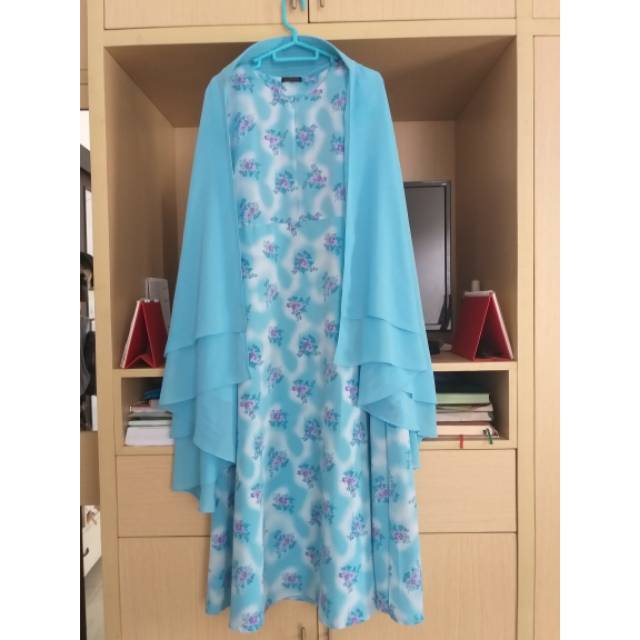 Gamis set khimar semi instan biru langit blue sky by Alfisya