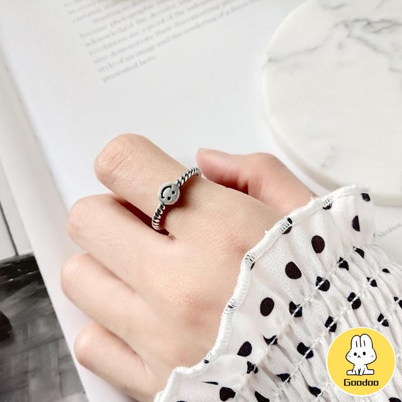 2 PCS Retro Smiley Cincin Wanita Fashion Kepribadian Pembukaan Cincin Dapat Disesuaikan -Doo