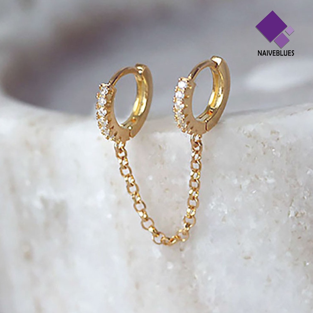 Naiveblue 1 Pasang Anting Tusuk Gantung Rantai Ganda Hias Cubic Zirconia Untuk Wanita