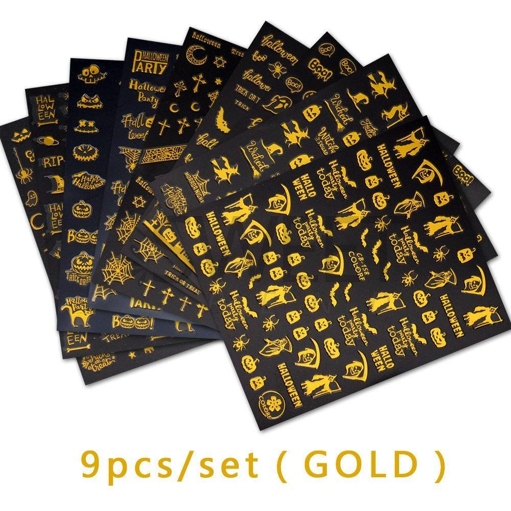 AUGUSTINA Agustina Halloween Stiker Kuku Set 3D 9pcs Dekorasi Kuku Labu Kuku Salon Spider Manicuring Sticker