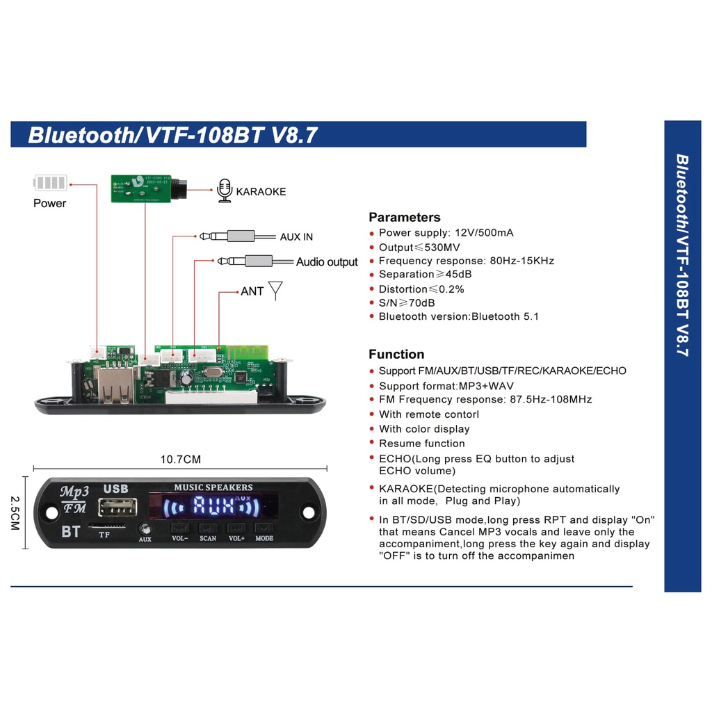 bisa buat karokean Mp3 Kit Modul Bluetooth 5.0 USB AUX Fm Ridio 12V Original VTF-108BT VIRE terbaru