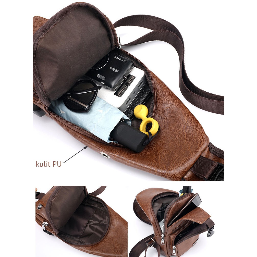 GC-116 Tas Selempang Pria Kulit/Sling Bag Anti Maling USB Port+Lubang Earphone