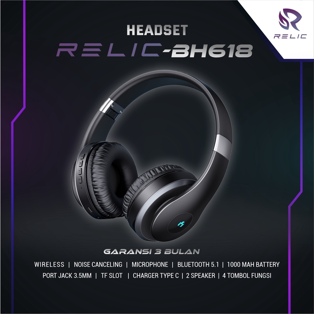 Headset Bluetooth Microphone Relic BH618 Handsfree Wireless Earphone Suara Premium Original Bergaransi 100%