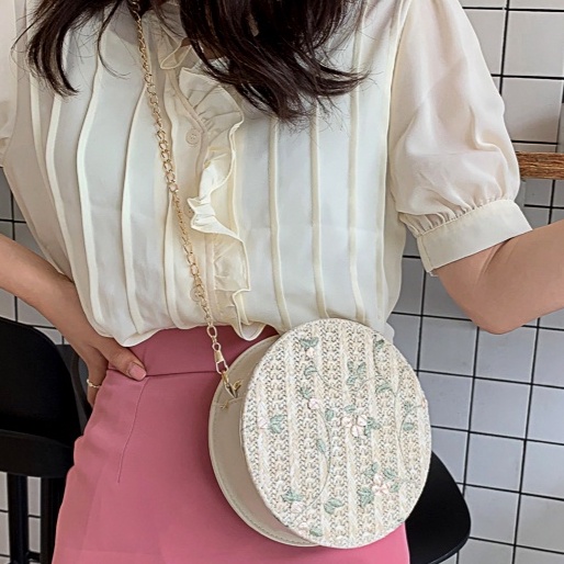 TAS SELEMPANG WANITA ETNIK RAJUT RENDA ANYAM BUNGA EDGINA TA074W1 BULAT SLING BAG RANTAI ABG PESTA F