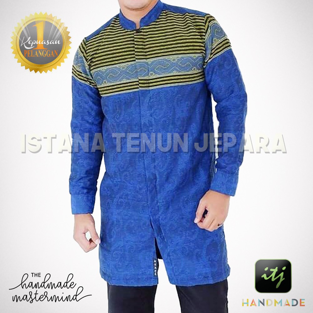Baju Koko Pria Biru Lengan Panjang / Kemeja Koko Tenun Baron Premium