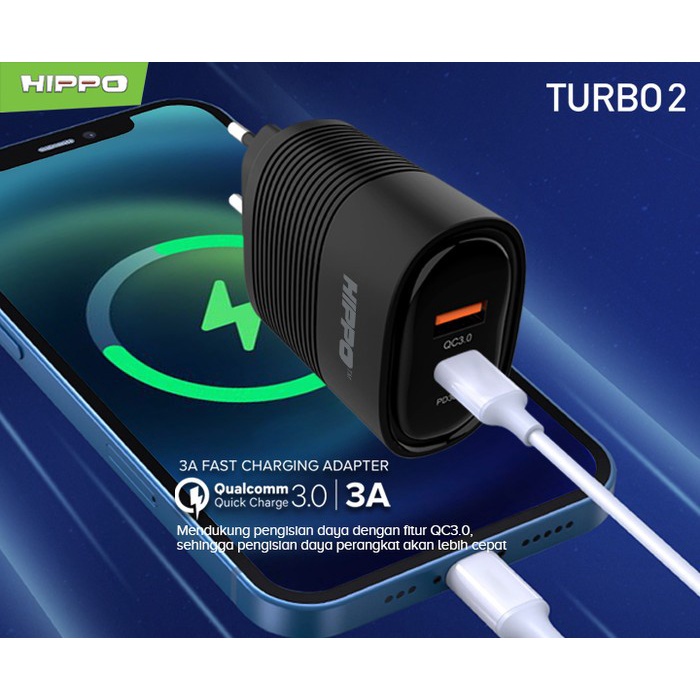 Hippo Adaptor Turbo 2 PD 30W Quick Fast Charging 3.0 Travel Adapter Kepala Casan Colokan Charger Rumah type C Power Delivery QC Dual Port Output USB A USB C