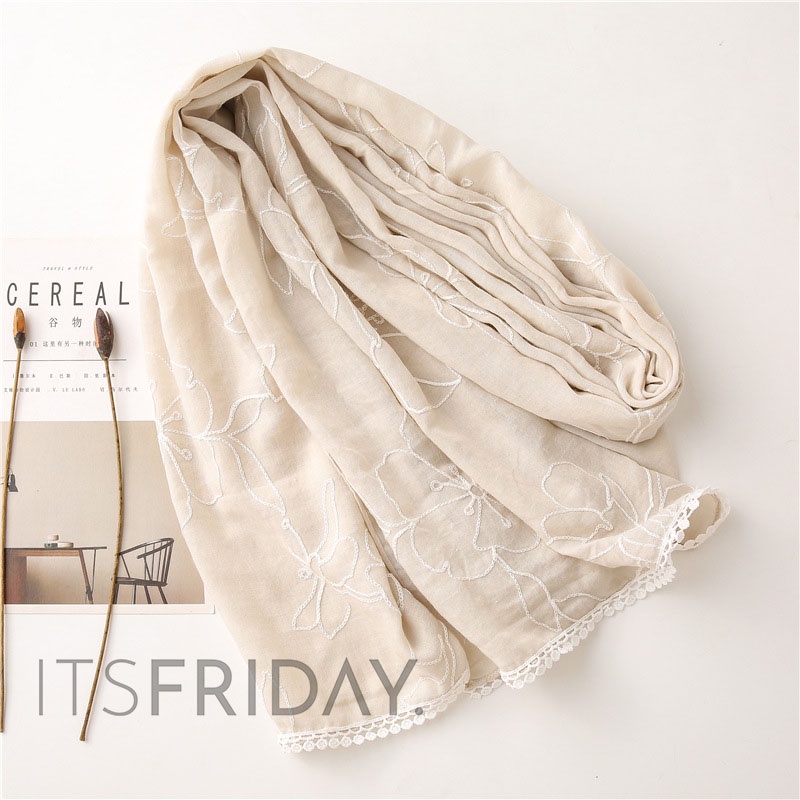 ITSFRIDAY NEVA Scarf - Premium Pashmina Shawl Selendang Syal Pasmina Hijab Import Motif Lace Renda Bordir Bunga Nude Cream