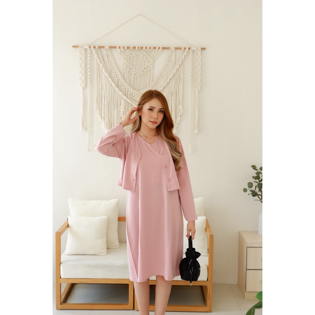 JXPLORE DRESS SETELAN IMPORT KOREA COTTONBELLS CASUAL DRESS WANITA GIVA SET CARDIGAN MIDI (GT - D