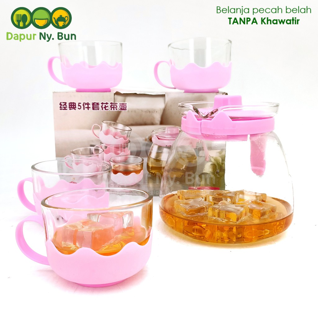 Jual Tea Pot Set Kaca 5 In 1 / 1 Teko Set Kaca / 4 Cangkir Kopi