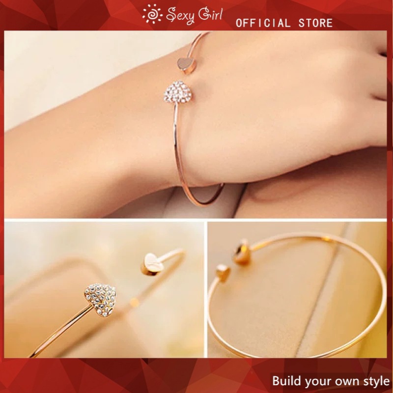 Perhiasan Gelang Model Terbuka Bentuk Hati Ganda Aksen Berlian Penuh Untuk Perempuan