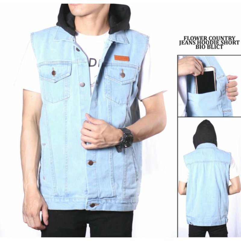 Rompi Jeans Denim Pria Motor Ber Hoodie Jaket Cowok Vest Kupluk