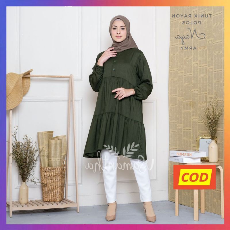Nanoystore Tunik Muslim Polos Rempel Lengan Panjang Motif Naya Bahan Rayon Premium Warna Army