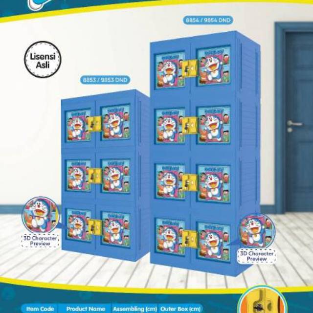 Lemari Plastik Naiba 3 susun 3D doraemon, mickey