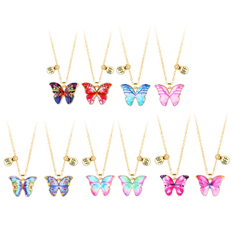 2pcs / Set Kalung Persahabatan Dengan Liontin Kupu-Kupu Warna-Warni Gaya Korea Untuk Wanita