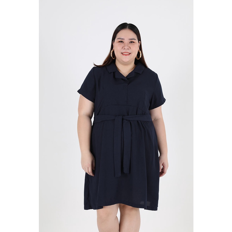 Sorabel - Imide Collar Belt Dress Big Size Jumbo