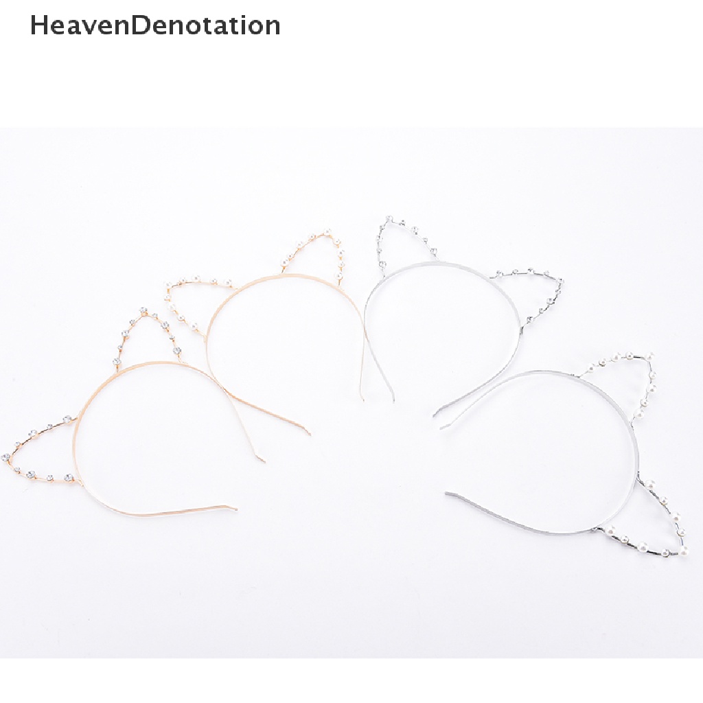 Headband Bentuk Telinga Kucing Aksen Mutiara Dan Berlian Imitasi Bahan Alloy Untuk Wanita