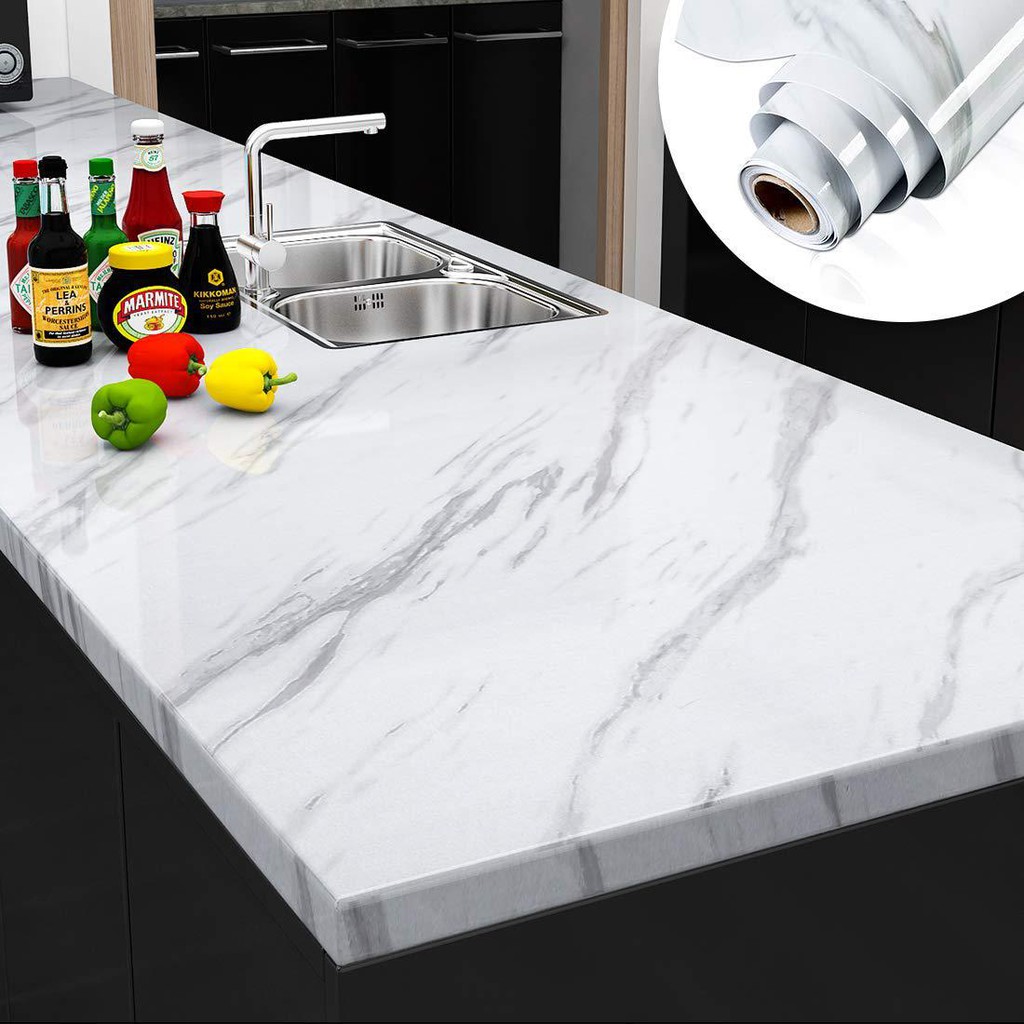 Kunataruma Wallpaper Sticker Motif Marble Marmer Meja Makan Dapur Dekorasi Dinding Lantai 3D Kulkas-3