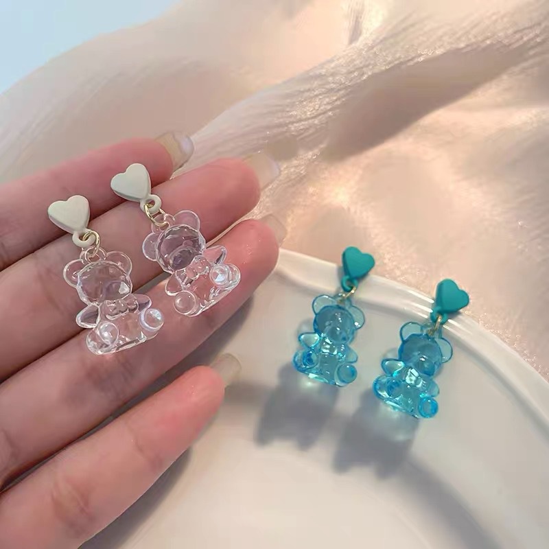 Super cute transparan beruang yang indah in desain manis Korea kartun S925 perak stud anting-anting