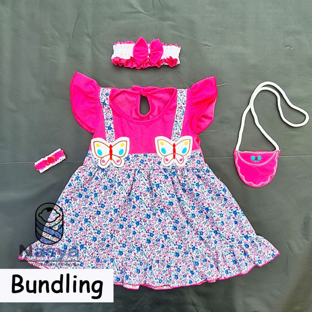 [P-030B] Dress Bayi Anak Usia 0-6 Bulan Full Set Bandana, Gelang dan Tas