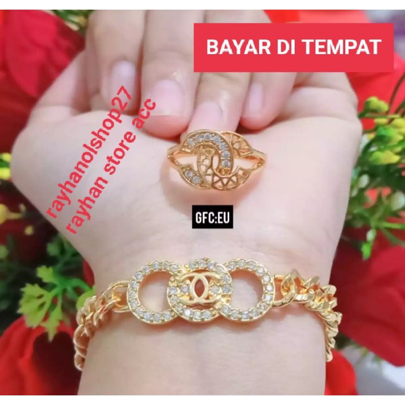 Gelang Titanium Asli Anti luntur free cincin RO-A02 dan gelang tangan silver anti karat motif sama dengan gold tanpa cincin
