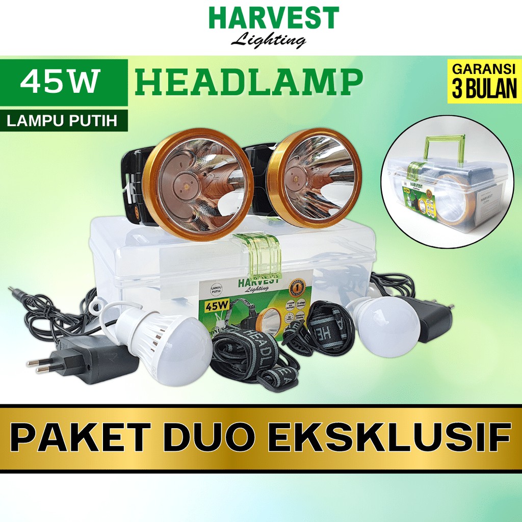 45W - PAKET DUO - Headlamp HARVEST LIGHTING Senter Kepala LED 2000Mah Lampu Emergency Travel Hunting Rechargeable Original Bergaransi