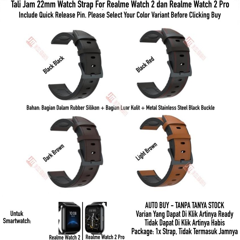 Tali Jam 22mm Watch Strap Realme Watch 2 / Pro - Hybrid Rubber Metal Black Buckle