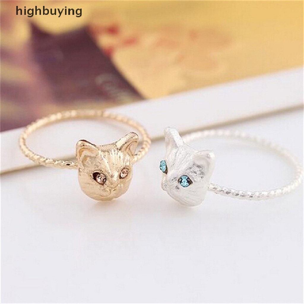 Hbid 1pc Cincin Motif Kucing Mini Lucu Warna Hitam / Emas / Silver Aksen Berlian Imitasi Untuk Wanita