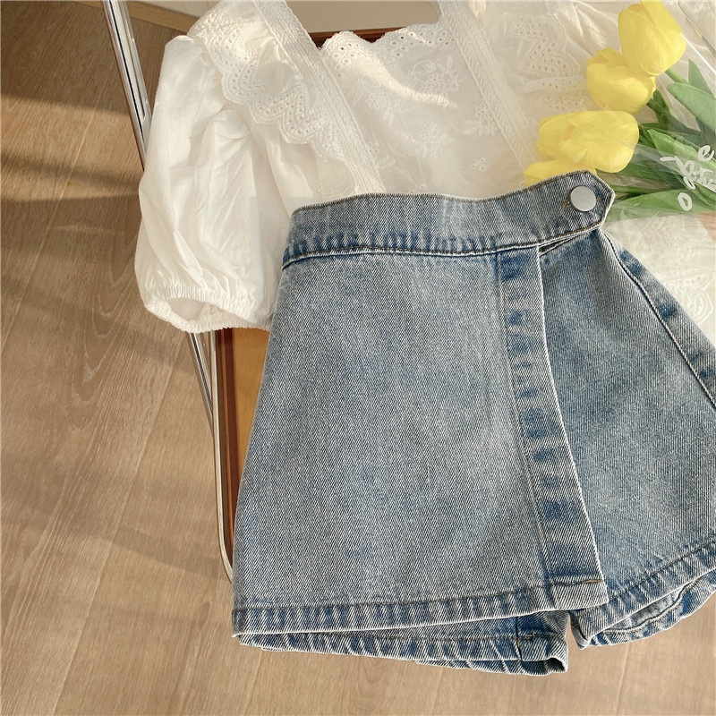 babyfit 3-8thn KIKKUE setelan celana jeans semi rok dengan blus bordir cantik import al-0527r