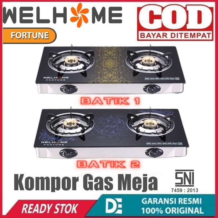 Kompor Gas Kaca 2 Tungku Welhome Motif Baik Kaca Tebal (fortune)