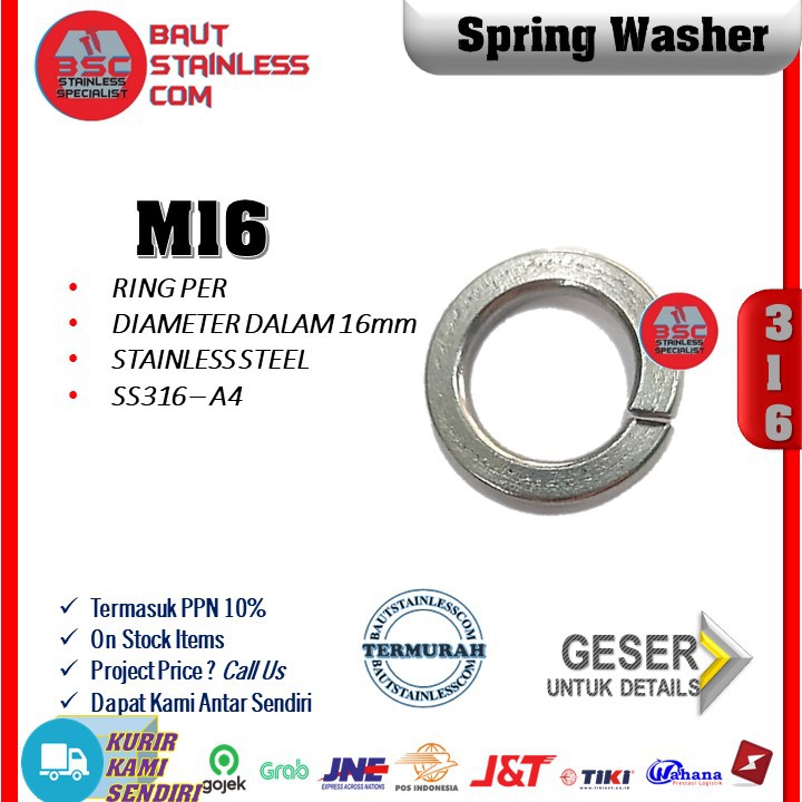 WASHER RINGPER M16 - SPRING WASHER STAINLESS SS316 A4 ISI 5 PCS