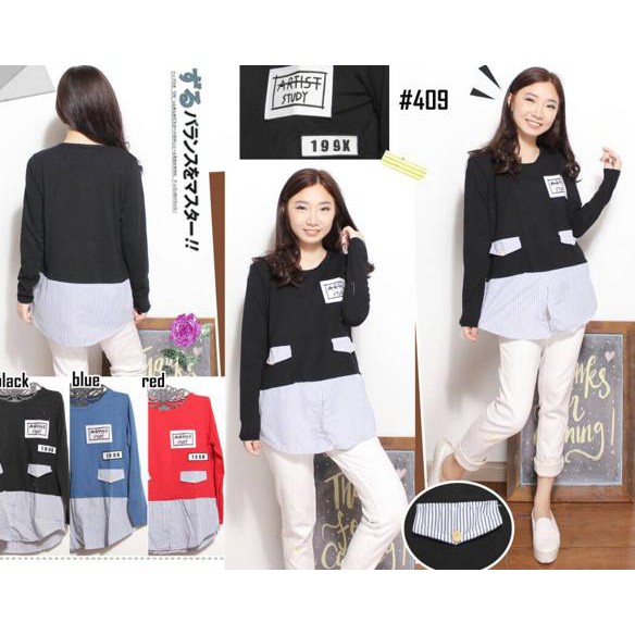 KAOS WANITA  KAOS LENGAN PANJANG SAKU WANITA DEWASA IMPORT BAJU PEREMPUAN 409 - MERAH {PRODUK