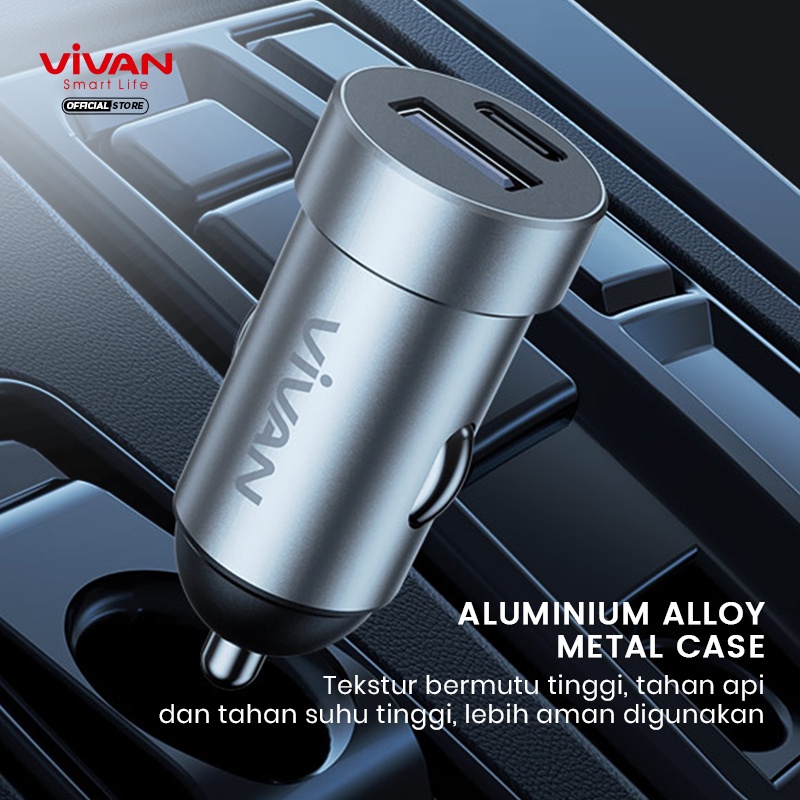 Car Charger VIVAN Casan Mobil 2 Ports USB-A &amp; Type C 20W 3A QC3.0 PD Fast Charging Garansi 1 Tahun VCC02 Silver ORIGINAL