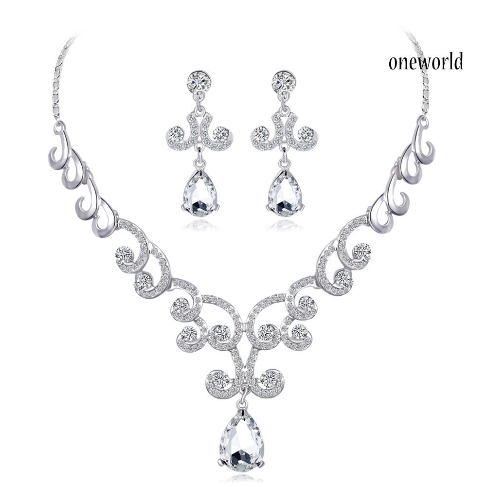 OW@ Lady Fashion Rhinestone Pendant Earrings Necklace Luxury Bridal Jewelry Set