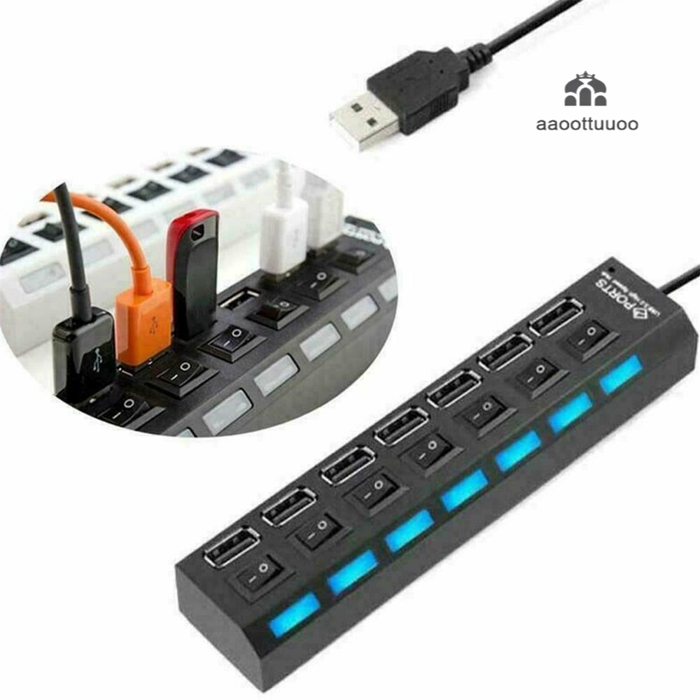 USB 2.0 HUB Multi USB Splitter 7 Port Expander Multiple USB Power Adapter with Switch For PC