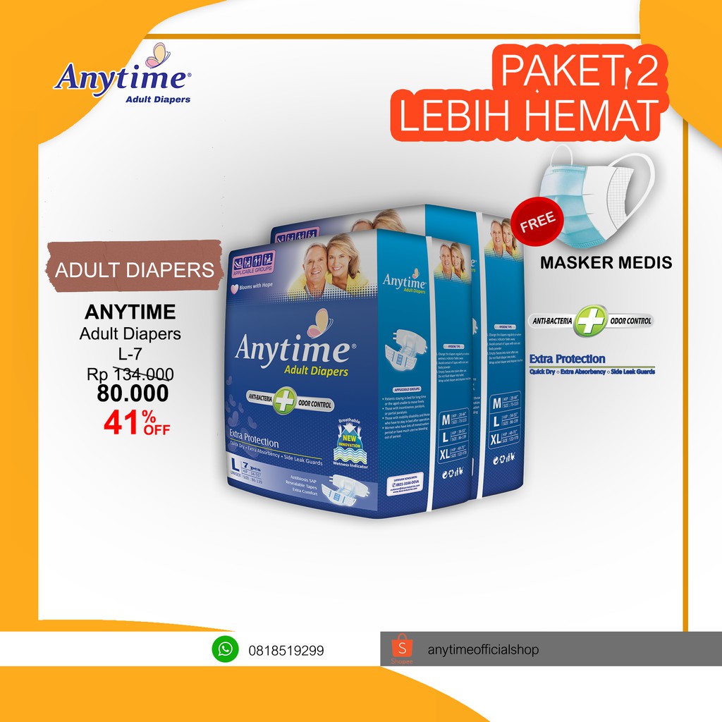 

Anytime Popok Dewasa / Adult Diapers Size L7 - We Care With Confidence And Lifree - Paket 2 Bags