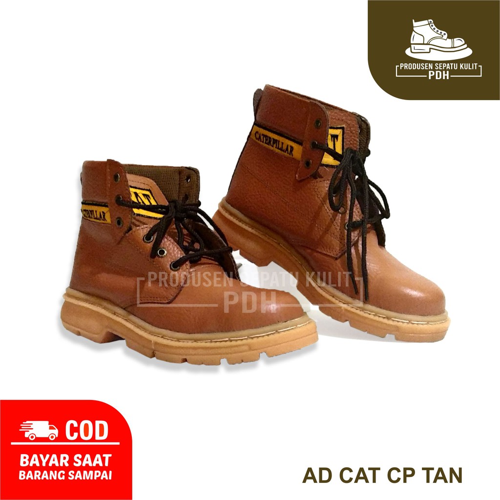 SEPATU SAFETY MURAH BOOT PENDEK TALI KING CATERPILLAR UJUNG BESI KULIT ASLI CAT.CP TAN