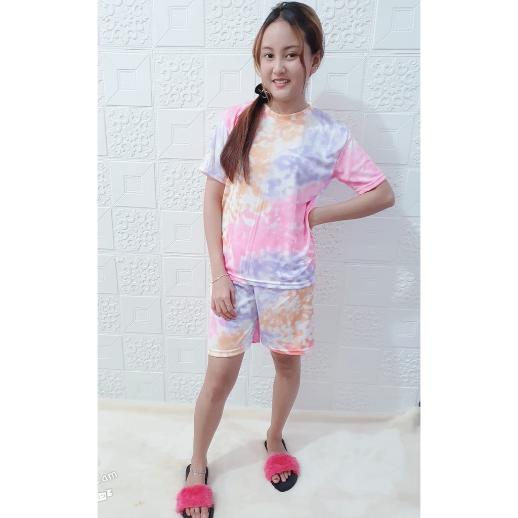 SET SETELAN WANITA LESTARI / ONESET BASIC TIE DYE / DAILYSET-set orange pink