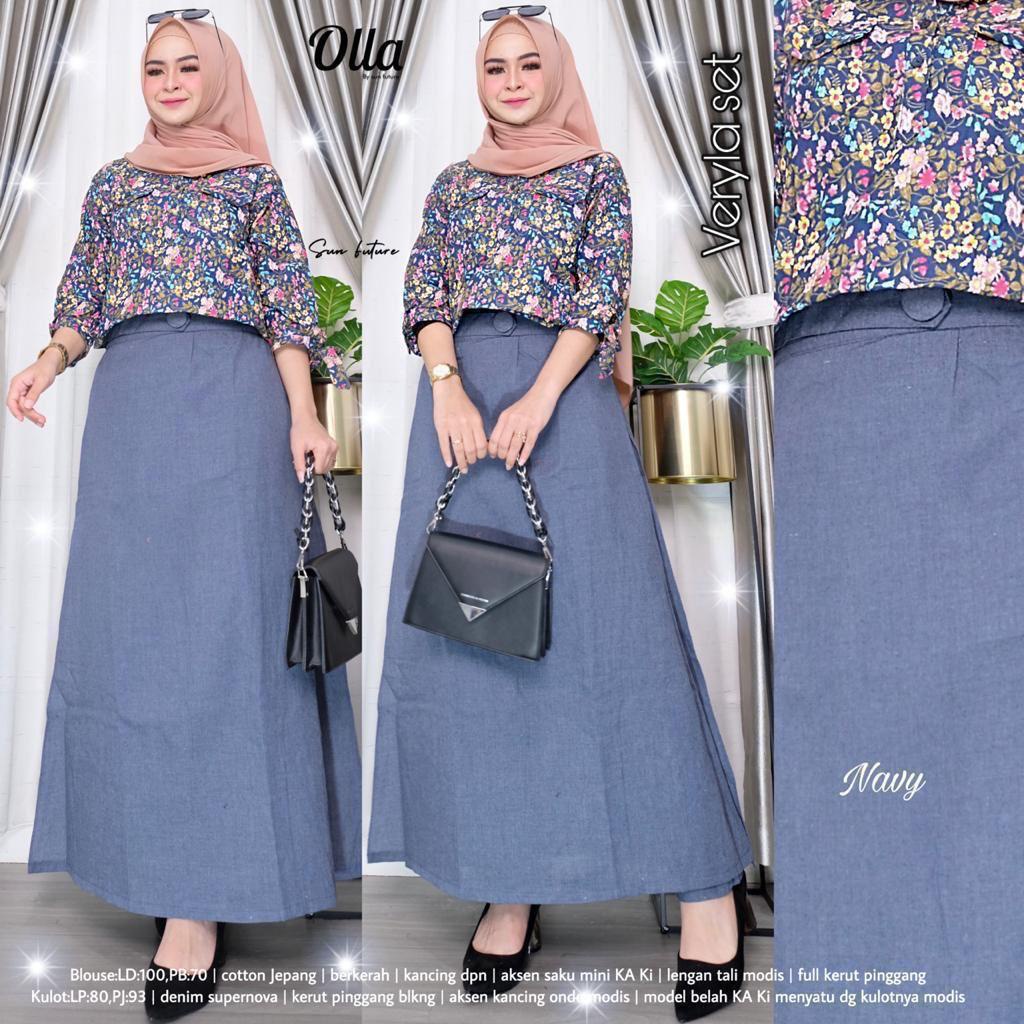 Veryla Setelan Kerja Wanita Asatan Blus Bunga-bunga Busui Kanicng Depan Mix Celana Pants Rok Denim S