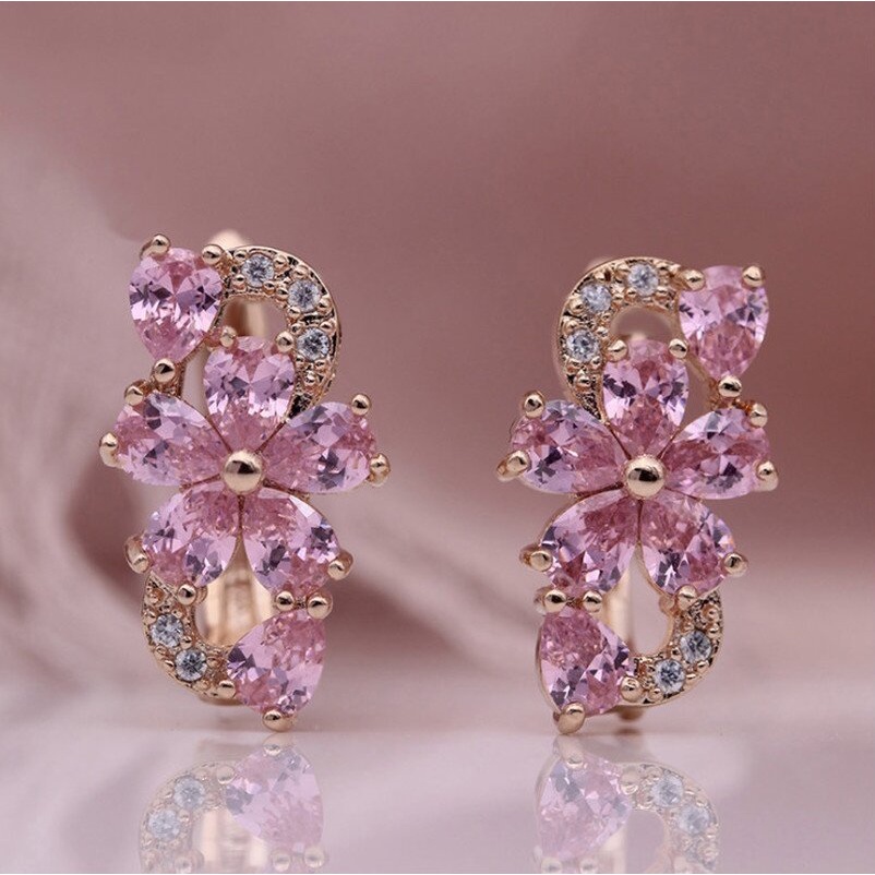 Anting Juntai Bentuk Kelopak Bunga Plum Warna Rose Gold Hias Zirkon Biru Untuk Wanita