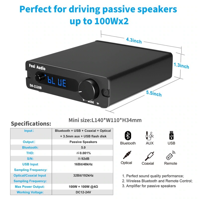 Fosi Audio Bluetooth 5.0 Amplifier 2 Channel Stereo Amp Receiver Class D with Remote - DA-2120B - Black
