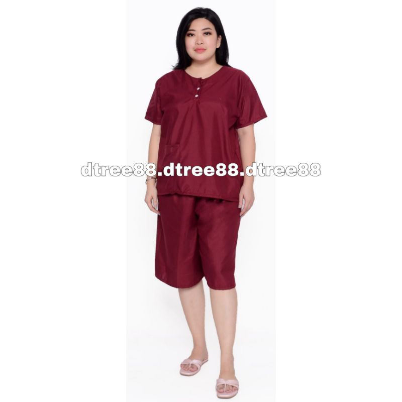 Dtree . Piyama stelan pendek jumbo katun eropa polos baju tidur kancing depan Ld 120 cm-maroon polos